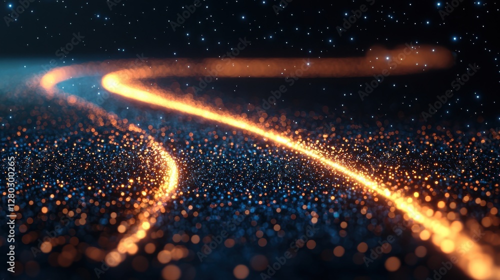 Poster a mesmerizing view of glowing particles creating a winding, luminous trail against a dark background