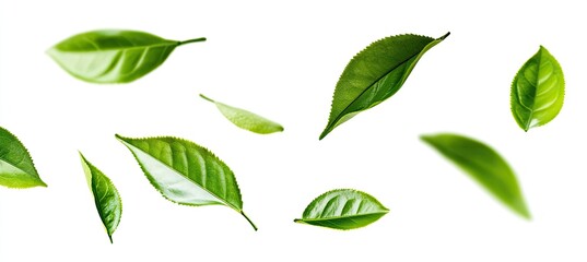 Fresh Tea Leaves in Flight Against White Background