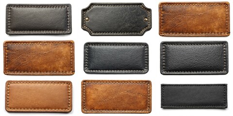 A collection of leather tags with different colors and designs. The tags are arranged in a row, with some being brown and others black. The tags have a vintage and rustic feel to them