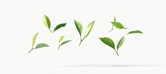 Floating Green Tea Leaves on White Background
