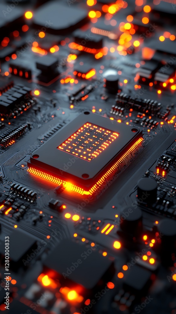 Poster glowing cpu microchip on circuit board technology image