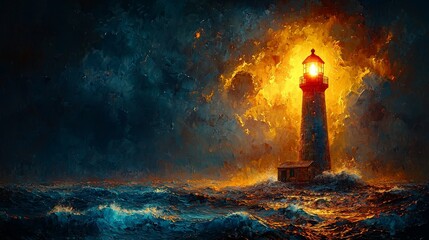 Dramatic lighthouse illuminating stormy sea coastal landscape digital art twilight environment captivating concept