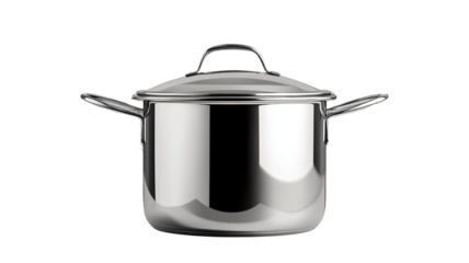 A sleek stainless steel cooking pot with a lid, isolated on a transparent background. The pot has a shiny finish and sturdy handles, perfect for boiling or stewing.