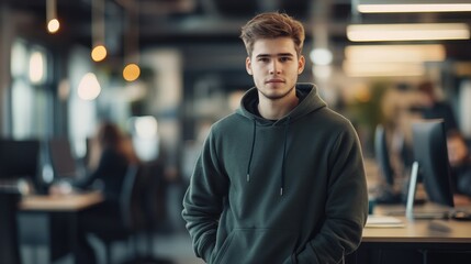 Fototapeta premium A young European man in a casual hoodie stands confidently in a modern office space. The scene highlights a stylish and professional work environment, emphasizing youth and creativity.