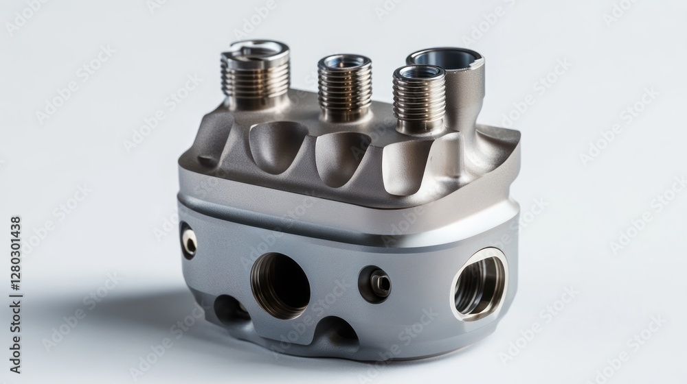 Aufkleber close-up of a sophisticated, grey metallic industrial component with multiple threaded ports and int