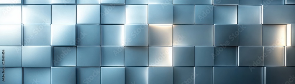 Poster a modern, abstract background featuring a grid of metallic, shiny squares illuminated by soft lighti