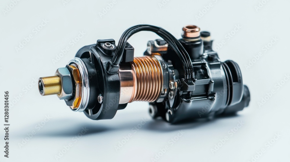Aufkleber close-up of a sophisticated, intricate mechanical device with copper and black components, isolated 