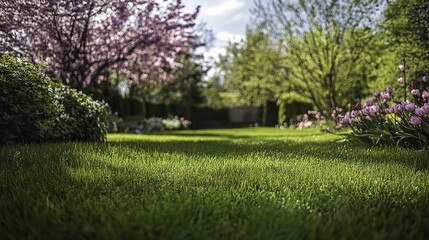 Naklejka premium Springtime view of a home exterior featuring lush green grass, blooming trees, and flowering bushes under natural ambient light with a clean and simple composition