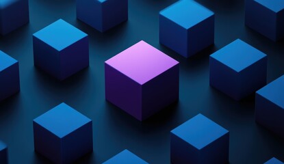 Unique purple cube among blue cubes on dark background.