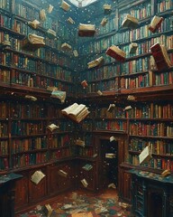 Floating books in an enchanting library dramatic interior fantasy atmosphere magical setting