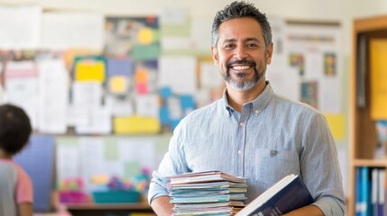 A happy Hispanic male teacher stands confidently in a classroom, holding books. The vibrant environment reflects a nurturing space for learning and growth.
