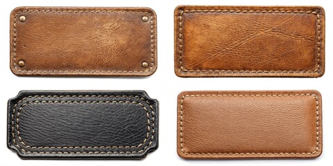 Four leather tags with different colors and designs. The tags are made of leather and have a rustic look