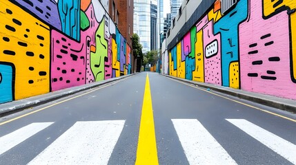Colorful Street Art Murals on Alley Walls in Urban City Environment
