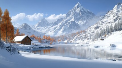 Fototapeta premium Winter reflections cabin by frozen lake scenic mountain landscape serene snow covered peaks nature wonderland alpine beauty