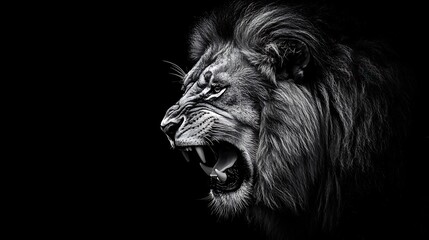 Naklejka premium Majestic male lion displays fierce expression with open mouth in dark setting