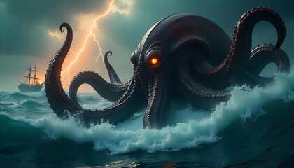Naklejka premium Kraken's Fury: A Gigantic Octopus Attacks a Sailing Ship During a Storm