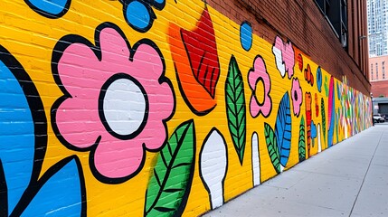 Vibrant Urban Mural with Colorful Floral and Leaf Patterns