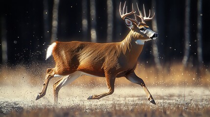 White-tailed deer running through autumnal forest