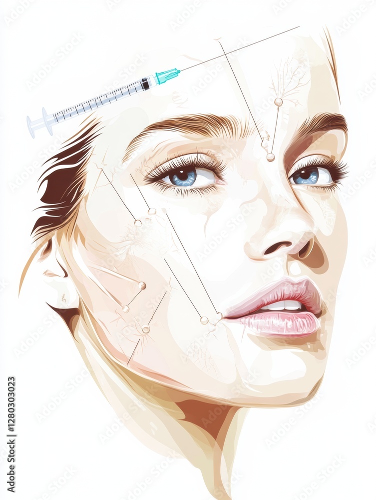 Poster detailed medical illustration showcasing botox injection points on a female face with clear anatomic
