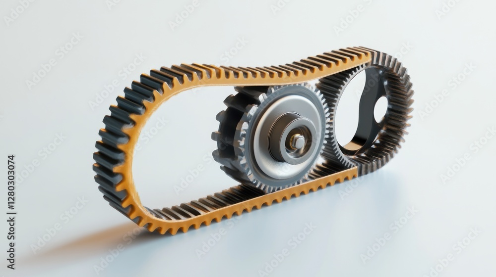 Poster close-up of a timing belt and gears, showcasing intricate mechanical details.