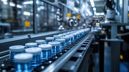 Futuristic robotic assembly line in a high-tech factory, precise and clean, metallic sheen