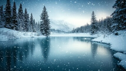 Fototapeta premium Snowy winter landscape reflections mountain lake nature photography serene environment wide-angle view