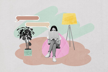 Creative sketch art collage of cunning girl hide book reader sit beanbag chatterbox notification...