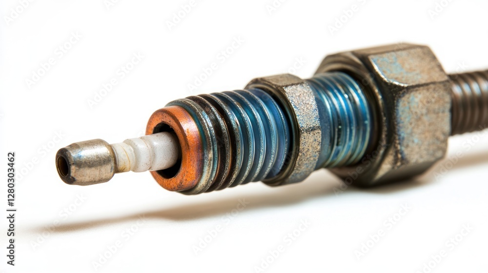 Aufkleber close-up of a used spark plug with visible wear and tear, showcasing its metallic components and cer