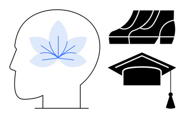 Human head with flower inside representing mindset, pair of running shoes symbolizing action, graduation cap denoting success or achievement. Ideal for education, personal growth, motivation
