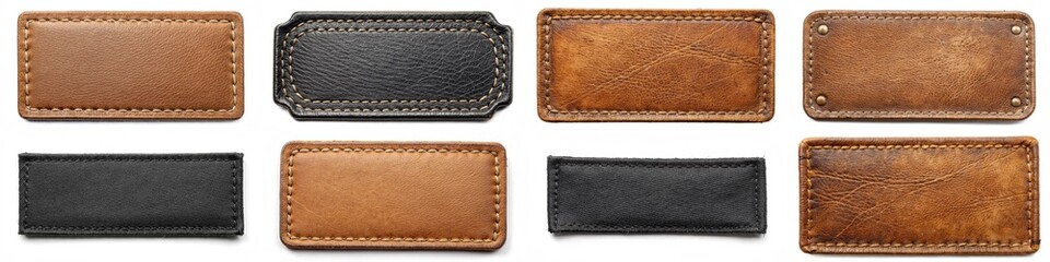 A collection of leather patches with different colors and patterns. The patches are arranged in a row, with some being larger than others. Scene is one of variety and diversity