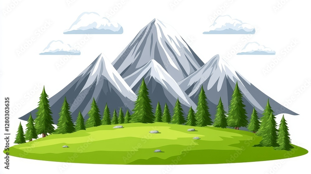 Poster serene pixelated mountain range with evergreen trees and fluffy clouds for game development and back