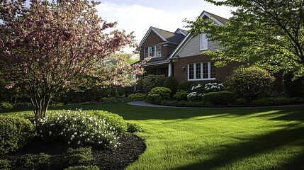 Springtime view of a home exterior featuring lush green grass, blooming trees, and flowering bushes under natural ambient light with a clean and simple composition