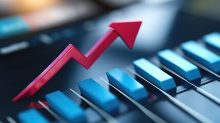 Abstract representation of financial growth with a rising arrow over blue bars on a digital background