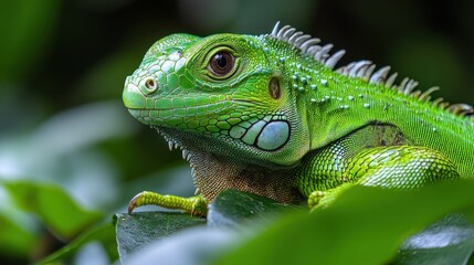 Fototapeta premium Close-up of a vibrant green iguana perched on lush foliage.