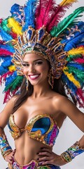 Obraz premium Stunning African Carnival Dancer Female with Feather Headdress Costume Posing for a Photo. Fictional Character Created By Generative AI