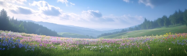Vibrant rolling hills adorned with multicolored wildflowers in a scenic landscape.