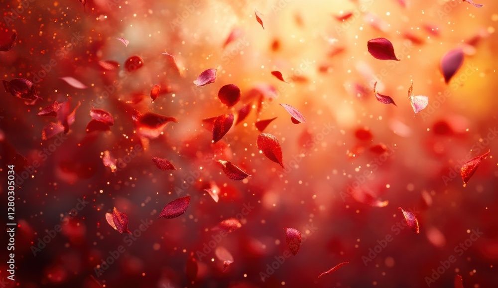 Poster beautiful red leaves falling gently in a dreamy autumn scene with soft bokeh background and warm lig