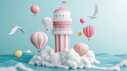 Obraz premium Whimsical Seascape with Lighthouse Air Balloons and Seagulls a Dreamy Voyage Illustration in Pastel Shades Surreal and Colorful World