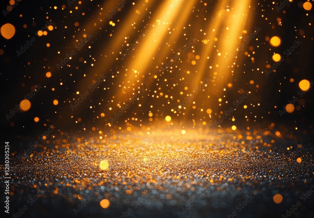 Poster Beautiful shimmering golden particles and glowing dust illuminated by soft beams of light creating a magical and enchanting backdrop for various projects