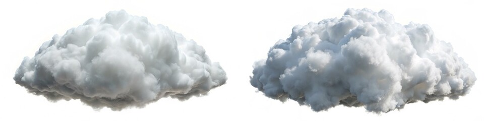 Two clouds in the sky, one is white and the other is fluffy. The clouds are positioned in the middle of the sky