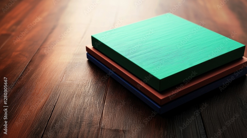 Poster creating artistic stacks of colored canvas on wooden surface artistic studio close-up creative envir