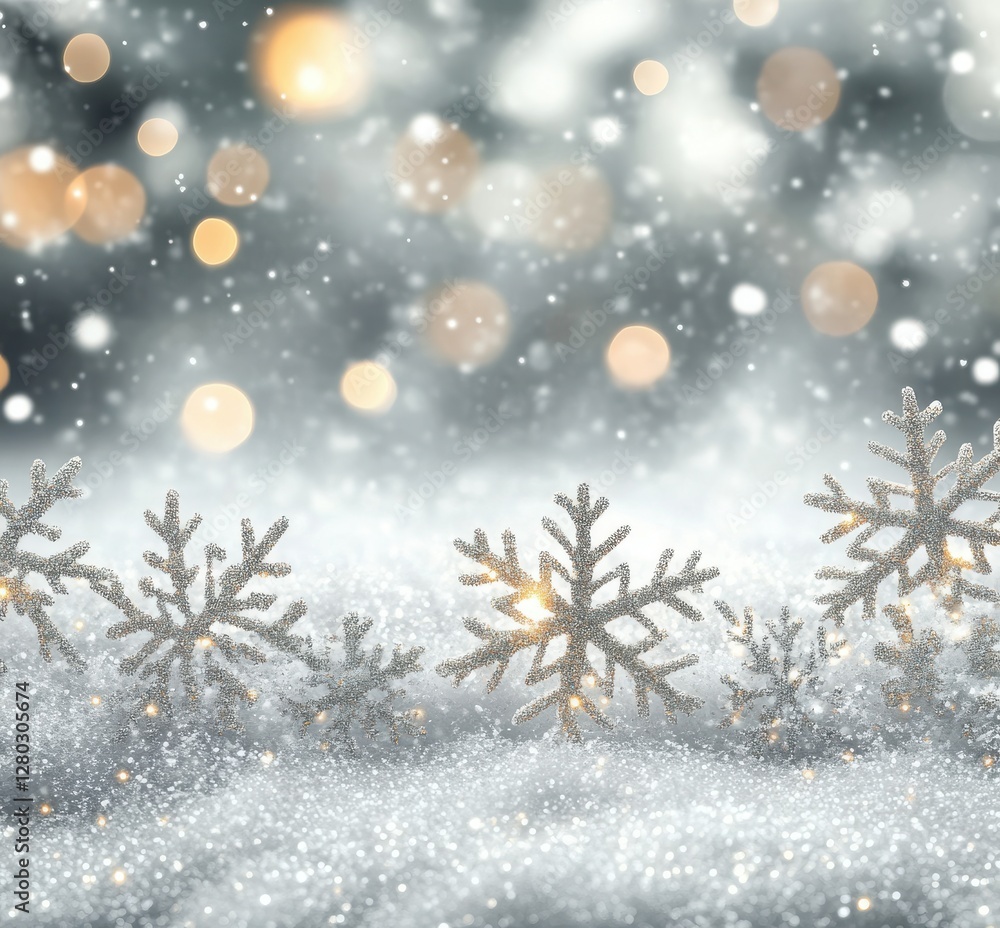 Poster beautiful snowflakes in winter wonderland with soft bokeh lights and gentle snowfall creating a magi