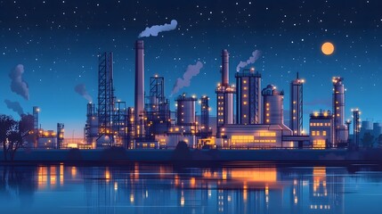Busy industrial park illuminated by night lights
