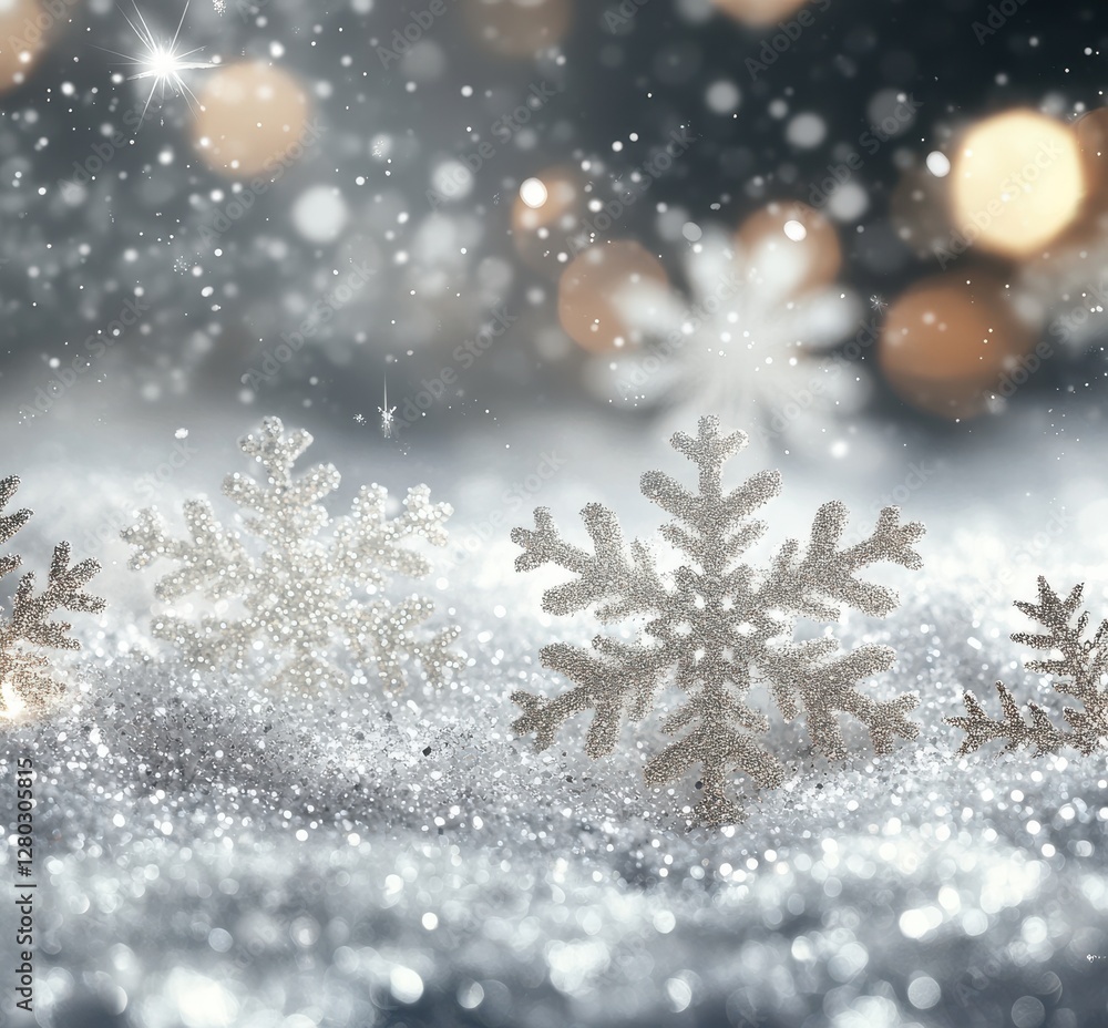 Aufkleber beautiful snowflakes resting on shimmering white snow with sparkling lights and a dreamy bokeh backg