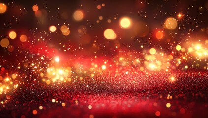 Beautiful Sparkling Background of Glowing Lights and Glittering Particles in Shades of Red and Gold for Various Creative Projects and Celebrations