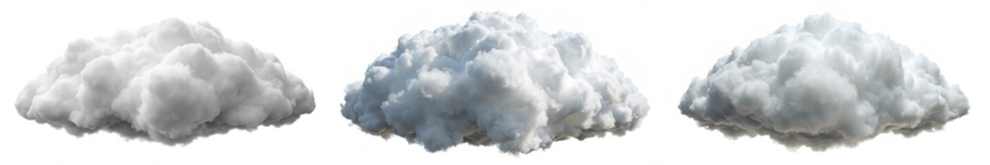 Three clouds of different sizes and shapes are shown in a white background. The clouds are fluffy and white, and they appear to be floating in the sky. Concept of calm and peacefulness