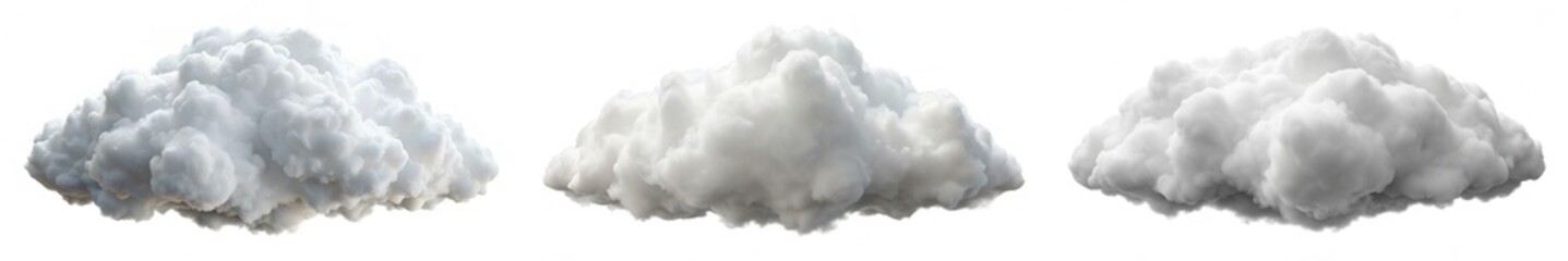 Three clouds of different sizes and shapes. The clouds are white and fluffy