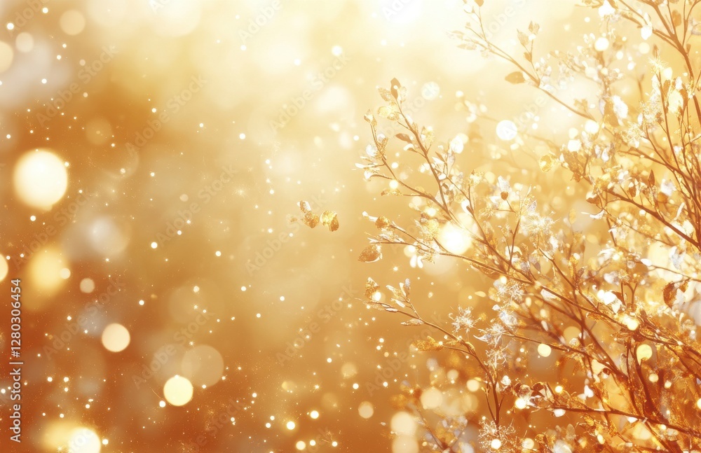 Poster beautiful warm golden sunlight shining through delicate branches with sparkling bokeh and soft glowi