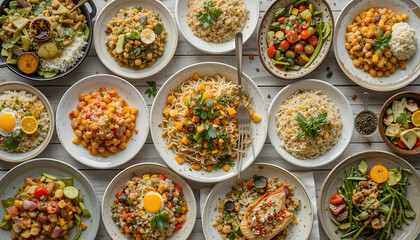 Fototapeta premium variety of different kinds of spices noodles rice and vegetables HD and 4k image