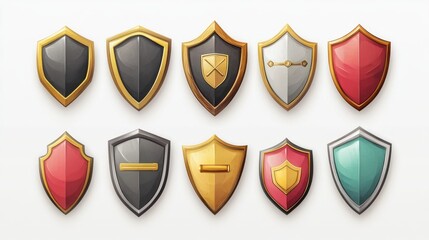 Colorful shield icons; security, protection; white background; game design